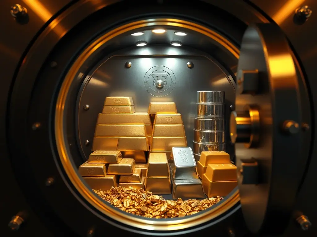 A secure vault filled with gold bars and valuable assets, symbolizing wealth management and financial security for South African clients.