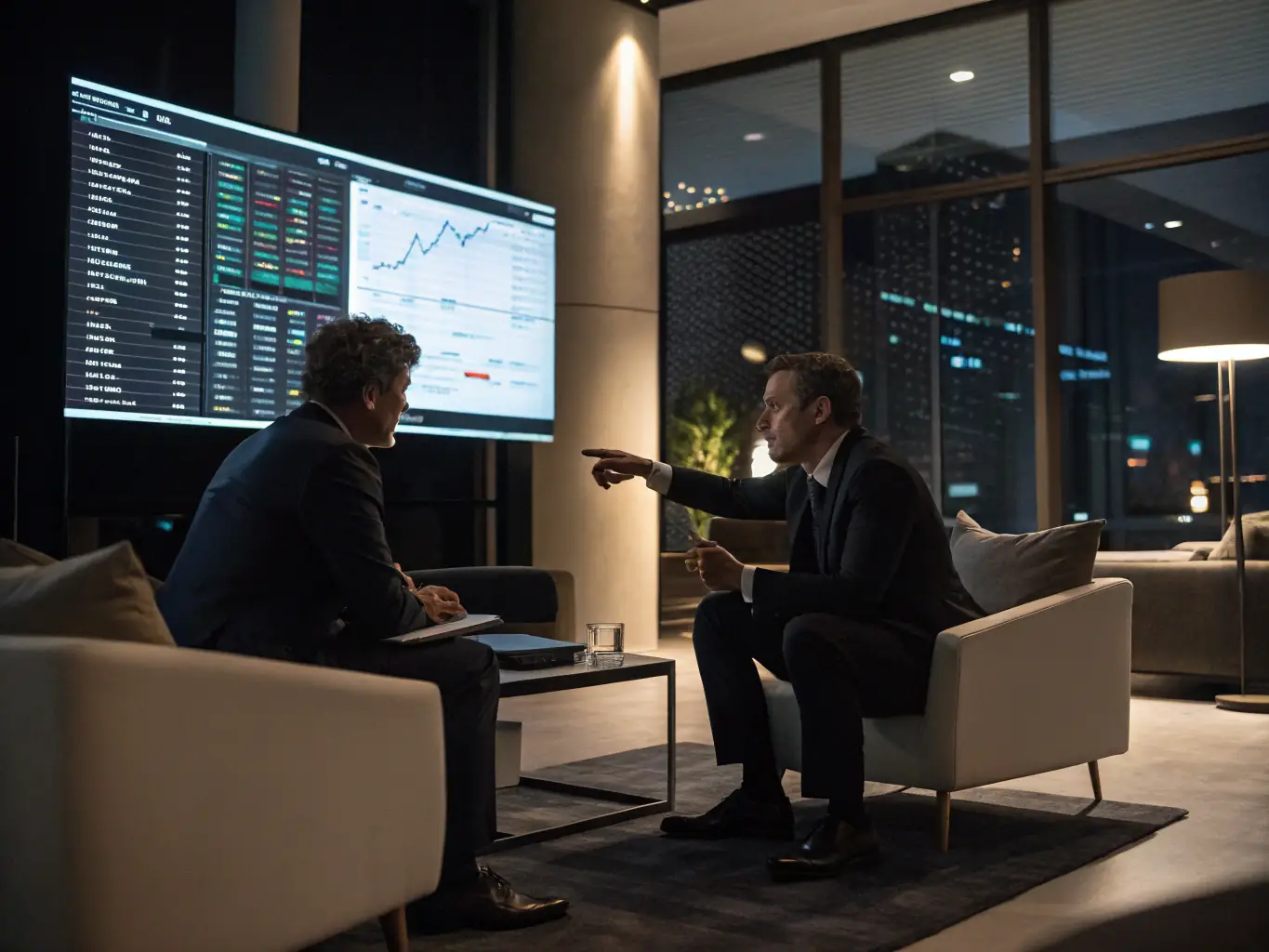 A consultant presenting financial charts and strategies to a client in a modern office, representing Financial Advisory.