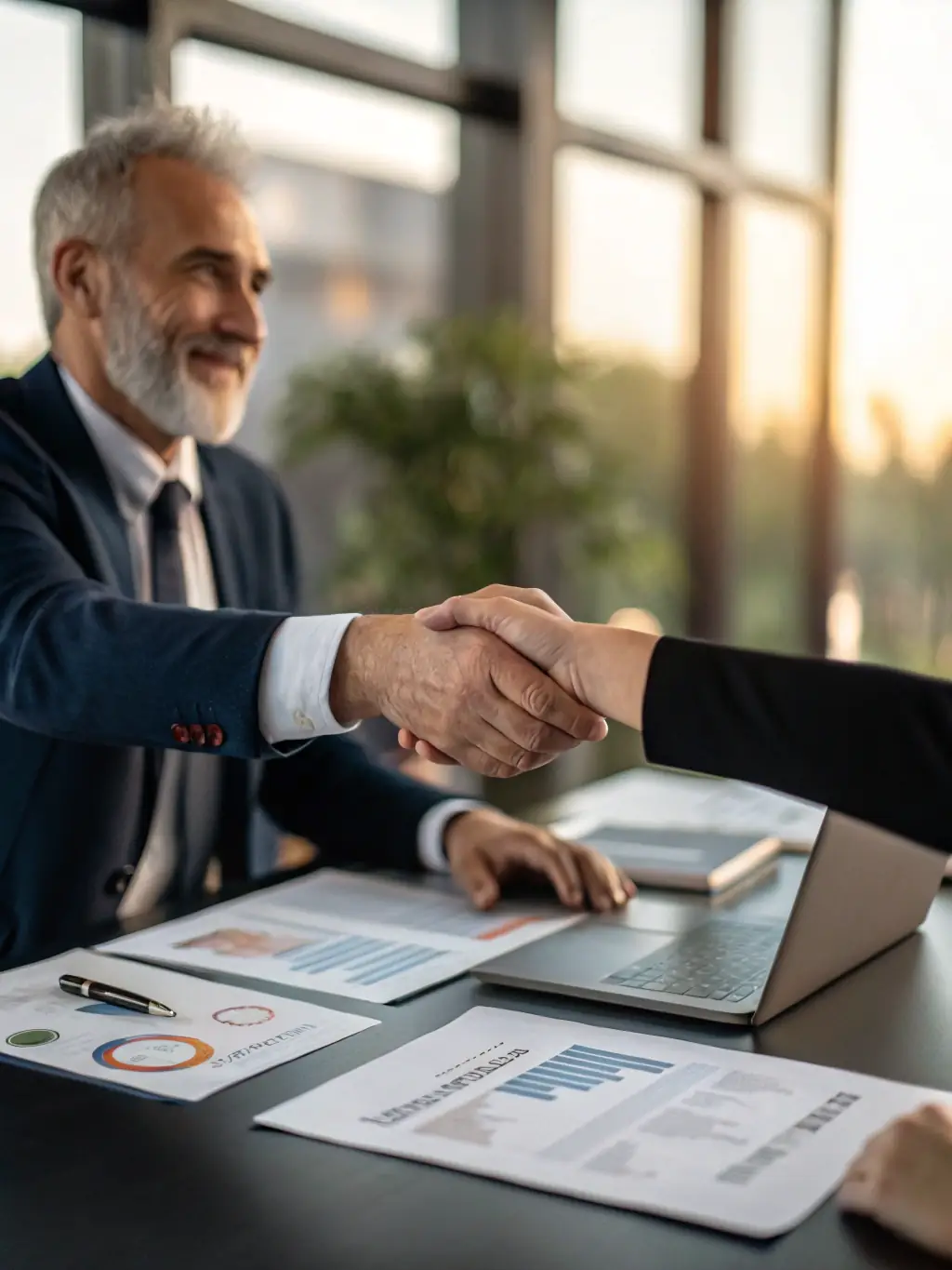 A close-up shot of a handshake between a financial advisor and a client, symbolizing trust and partnership in achieving financial goals.