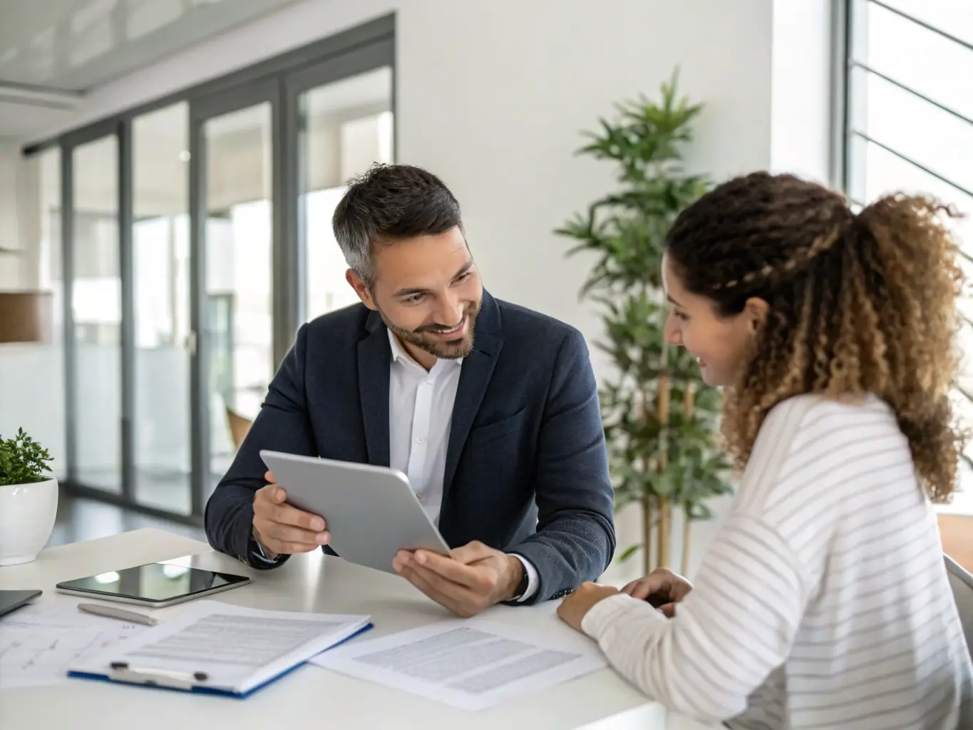 An image of a financial advisor discussing investment options with a client, with charts and graphs in the background, representing Investment Planning.