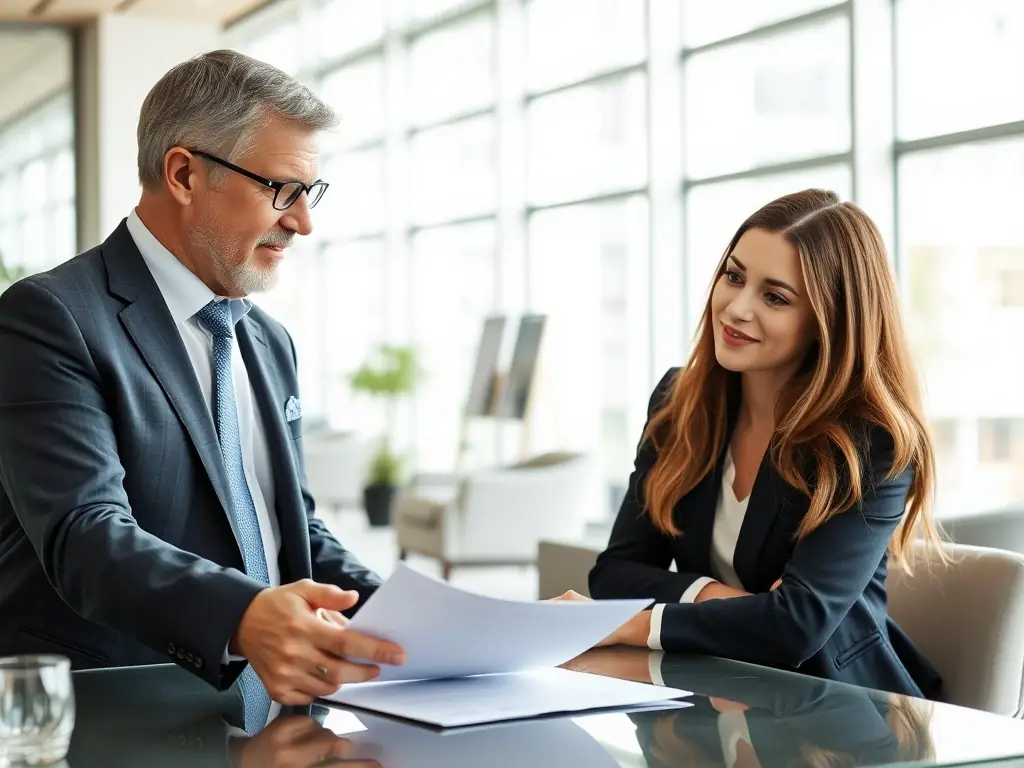 A professional South African financial advisor is sitting at a desk, reviewing investment portfolios with a client in a modern office setting, showcasing personalized financial planning.
