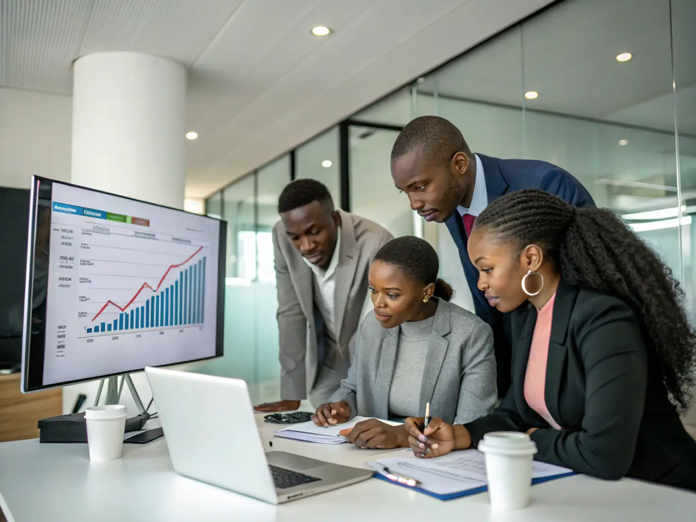 A diverse group of South African professionals collaborating on financial charts and data, representing strategic financial advisory services.